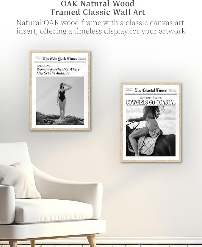 iHery 12x16in Cowgirls Go Coastal Framed Newspaper Wall Art | Natural OAK Wood Frame with Canvas Print, Western Horseback Decor for Bedroom, Dorm, Living Room and Gallery Wall, 1Pack