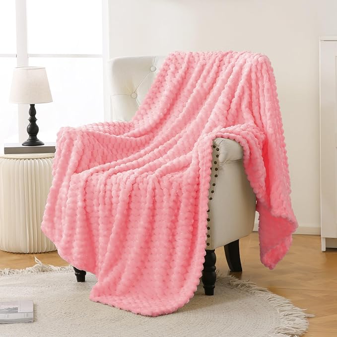 Bnuitland Soft Flannel Throw Blanket(50X70 inches), 3D Jacquard Fluffy Lightweight Fleece Blanket for Couch,Sofa,Bed, 300 GSM Super Cozy Warm for All Season Home Decor,Light Pink