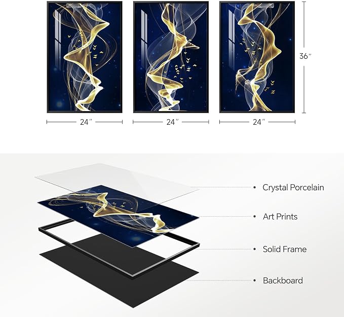 Large Framed Modern Blue and Gold Wall Art for Living Room, 3 Piece Abstract Artwork for Walls, Contemporary Luxury Line Picture Prints Paintings for Dining Room Office Hallway, 24x36 Inch