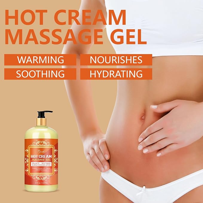 Pjordo Anti Cellulite Massage Oil & Hot Cream Set with Massager, Natural Cellulite Remover, Oil & Massager for Legs Arms and Butt, Firm, Tighten & Moisturize Skin Soothes Muscles (8 Fl Oz)