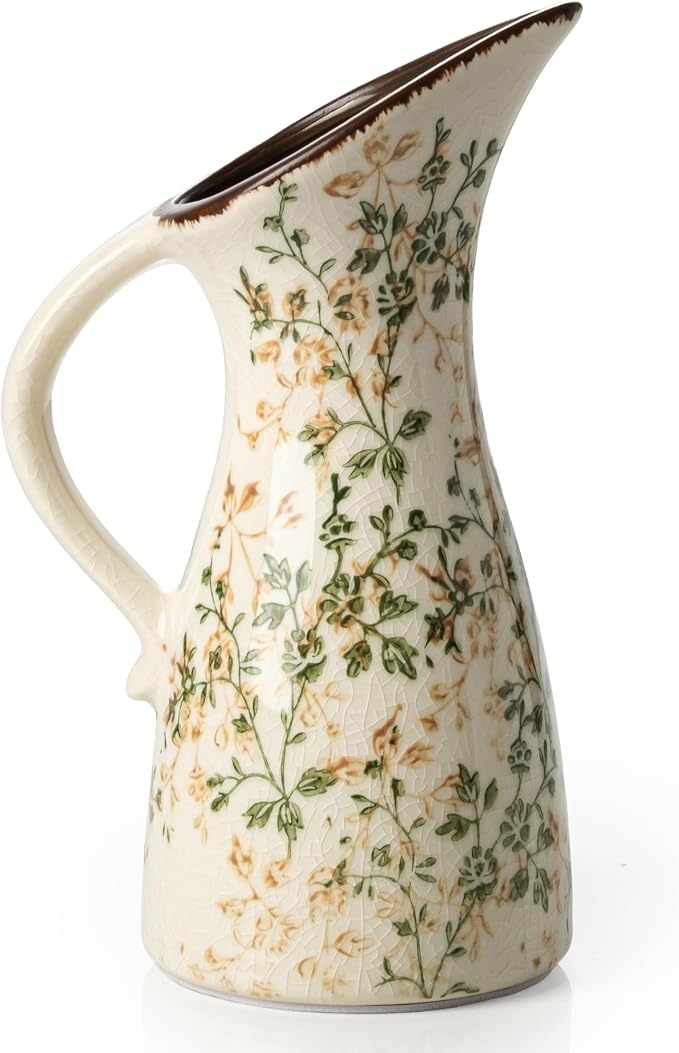 Ceramic Flower Vase for Home Decor, Vintage Green Pitcher Vase 7.3 Inch | Rustic Farmhouse Floral Vase for Entryway, Coffee Table, Living Room, Kitchen, Mantel, Bookshelf, Wedding Centerpiece