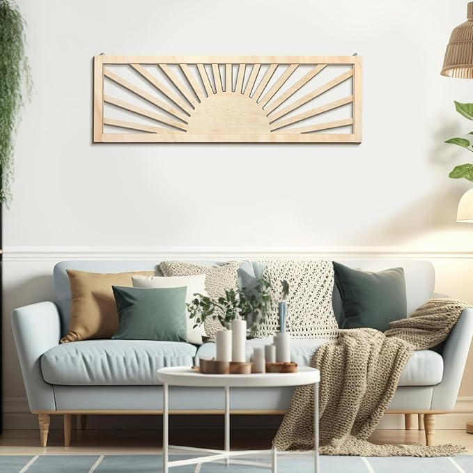 Burbell Horizontal Sun Wall Art 35"x12" Boho Wooden Room Decor,Wood Color | Long Panoramic Sun Art Above Bed, Vintage Bohemian Design, Carved Hollow Frame, Farmhouse Decor for Living Room Bedroom