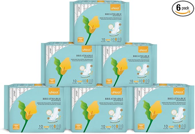 uNeat Maxi Pads with Wings, Long Overnight Period Pads for Women, Feminine Care, Heavy Absorbency, Odor-Neutralizing Tech, Unscented, Sanitary Napkins, (Size 3, 60 Count)