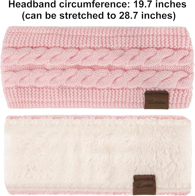 Loritta 2 Pack Headbands for Women Winter Warm Cable Knit Ear Warmer Thick Head Wrap Fuzzy Fleece Lined Gifts