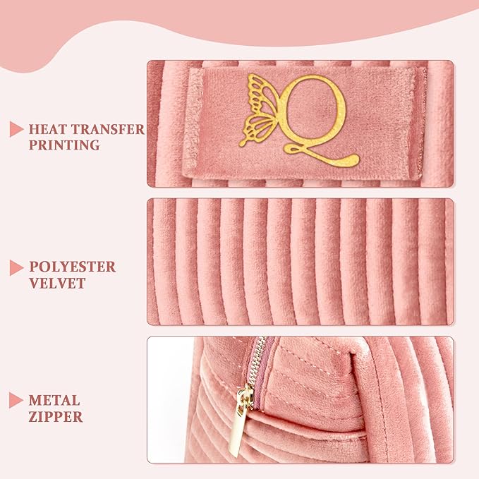 COSHAYSOO Travel Makeup Bag Quilted Make Up Pouch Initial Velvet Cosmetic Case with Butterfly Decorations for Women Cosmetics Complexion Skincare Products Tools Accessories Organizer Pink Letter Q