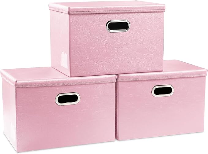 Collapsible Storage Bins with Lids [3-Pack] Leather Fabric Foldable Storage Boxes Organizer Containers Baskets Cube with Cover for Bedroom Closet Office Nursery Pink (14.9x10.8x10)