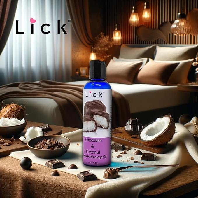 Lick Chocolate and Coconut Massage Oil – Tropical Dessert Edible Massage Oil with Sweet Almond Oil & Vitamin E, Smooth Body-Safe Glide for Couples Massage, 4 oz
