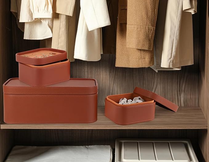 HofferRuffer Faux Leather Decorative Storage Boxes, Dust proof Storage Shelf Baskets with Lids Trays, Storage Bins Memory Box Organizer for Home, Office, Jewelry & More, Set of 3 (Brown)