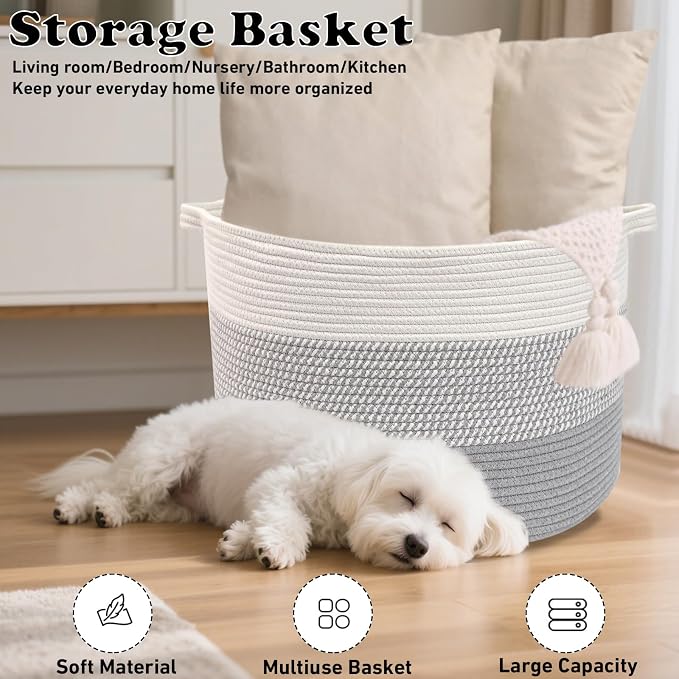 65L Large Blanket Basket,Woven Rope Laundry Basket-Grey | Collapsible, reinforced handles, nursery storage bin organizes clothes, toys and pillows for living room, bedroom bathroom