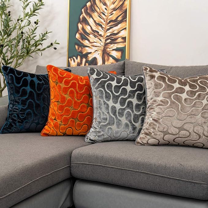 Silver Grey Square Throw Pillow Cover Wavy Velvet Cushion Cover Modern Zippered Pillowcase for Sofa Couch Bedroom Living Room Chair, 20 x 20 Inch