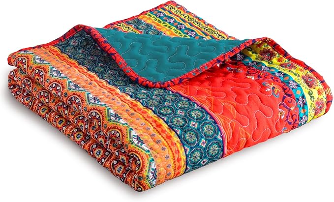 Exclusivo Mezcla Reversible Boho Quilted Throw Blanket, 50"x 60" | Lightweight Summer Quilt Throw, Designed for Bed/ Couch/ Sofa, Red and Teal Striped Pattern