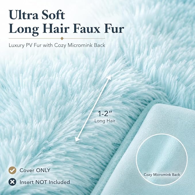 REAFORT Long Hair Faux Fur Euro Sham Cover 26"x26", Hidden Zipper(Aqua) | Ultra-soft plush faux fur with a hidden zipper adds luxurious comfort and is machine washable for easy care.