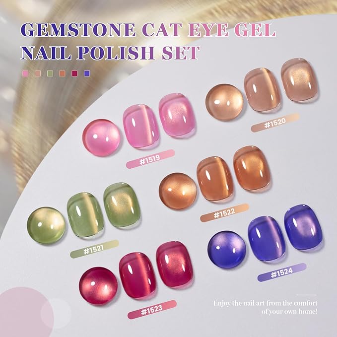 RARJSM Golden Glassy Glitter Cat Eye Gel Nail Polish Set 6Pcs Champagne Rose Pink Olive Green Amber Orange Ruby Red Royal Blue Smoothie Cateye Gel Polish with Magnetic Stick Curing Require Home Salon