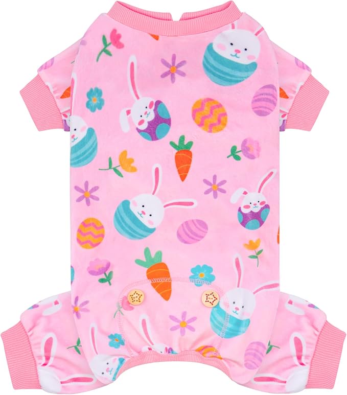 KYEESE Easter Dog Pajamas, Soft Dog Pajamas for Small Dogs Girl, Stretchy Dogs Pjs Velvet Pet Jumpsuit with Eggs & Bunny Pattern, Comfy Lightweight Pet Outfit, Pink, L