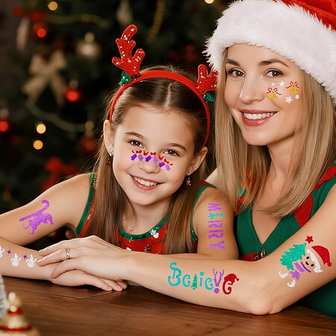Temporary Tattoo Markers for Skin, 8 Body Markers + 158 Christmas Tattoo Stencils for Kids Adults, Flexible Brush Tip & Bright Colors Body Marker and Fake Tattoos Stencils Set for Party Favor Gift