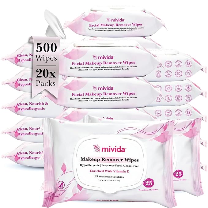 mivida Hypoallergenic Makeup Remover Wipes Bulk with Vitamin E, 500 count (20×25) Value box, Alcohol Free, Fragrance Free Makeup Wipes for Sensitive Skin, Travel Size Plant Based Facial Towelettes