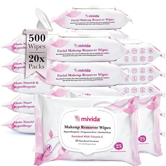 mivida Hypoallergenic Makeup Remover Wipes Bulk with Vitamin E, 500 count (20×25) Value box, Alcohol Free, Fragrance Free Makeup Wipes for Sensitive Skin, Travel Size Plant Based Facial Towelettes