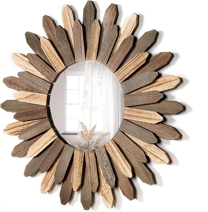 Boho Wall Decor 21 inch Wall Mirror Rustic Wood Decorative Mirror for Room Decor Rustic Home Decor Farmhouse Wall Decor at Living Room Bedroom Bathroom Hallway Trilcolor