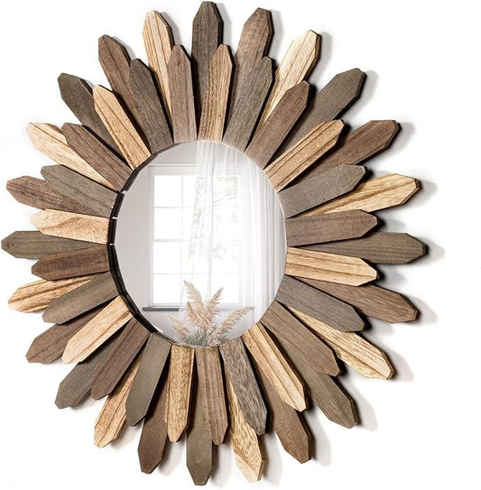 Boho Wall Decor 21 inch Wall Mirror Rustic Wood Decorative Mirror for Room Decor Rustic Home Decor Farmhouse Wall Decor at Living Room Bedroom Bathroom Hallway Trilcolor