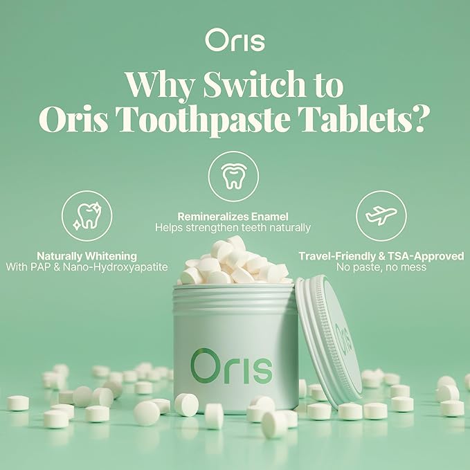 Oris Natural Toothpaste Tabs - Chewable Toothpaste Tablets for Sensitive Teeth, TSA-Approved Plastic-Free & Kid-Friendly Zero Waste Travel Tabs - 62ct (Peppermint)