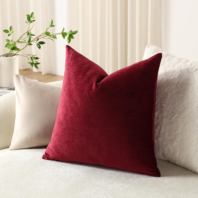 Euro Sham Covers 24x24 Wine Red: Pack of 2 Cozy Soft Velvet Square Modern Luxury Decorative Throw Pillow Cases for Christmas Sofa Couch Living Room Bed Home Decor