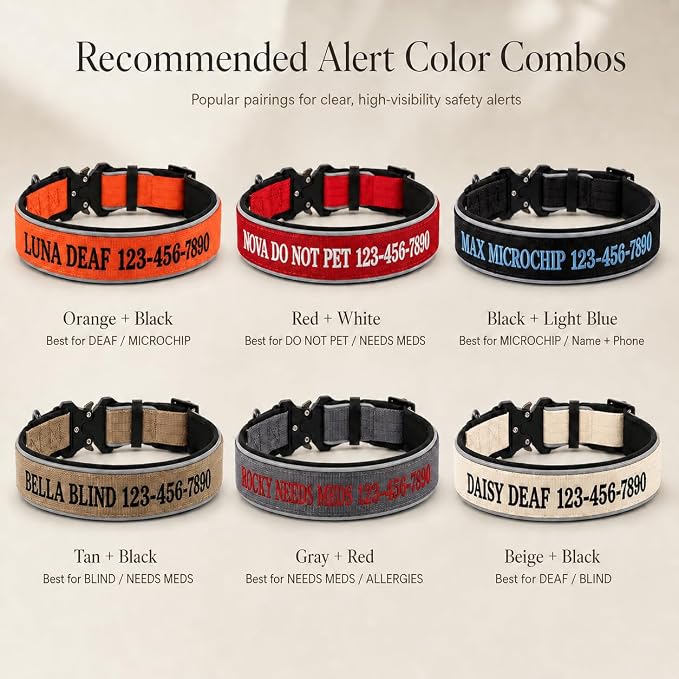 Custom Embroidered Dog Collar with Name and Phone Number, Personalized Safety Alert Collar for Deaf, Microchipped, Senior & Rescue Dogs, Reflective Nylon Collar with Metal Buckle