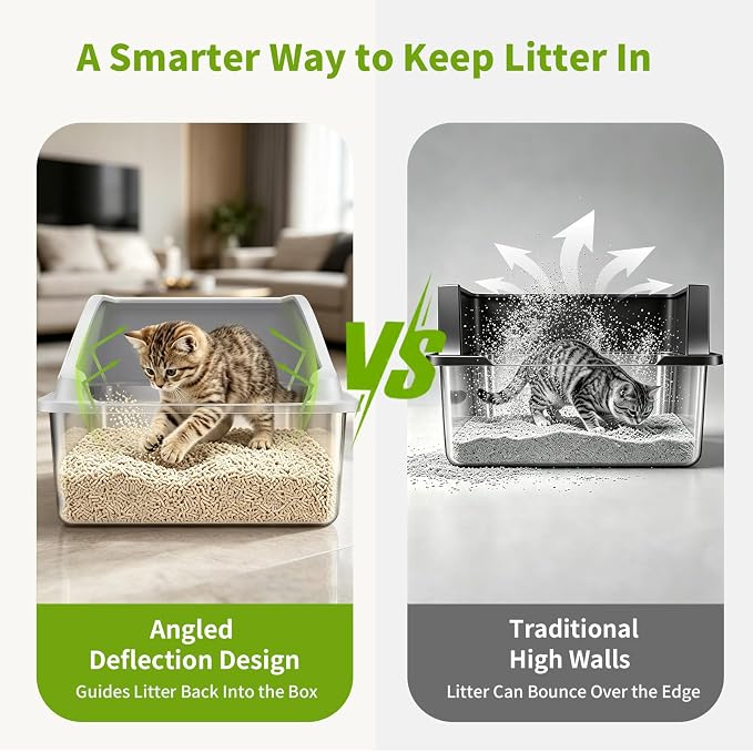 Stainless Steel Cat Litter Box, Extra Large XL Odor Free Metal Litter Box with High Sides Lid, Open Top Litter Pan Include Scoop Easy Cleaning Kitty Cat Box Anti-Urine Leakage, Non-Sticky