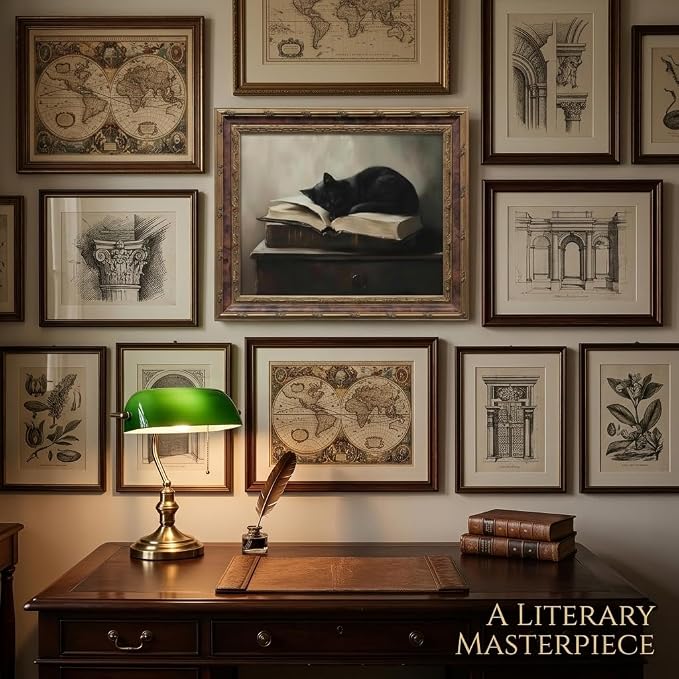 Vintage Moody Gothic Black Cat Wall Art, Dark Academia Cat Canvas Print, | Sleeping Cat on Antique Books Painting Poster, Literary Picture Wall Decor for Living Room Bedroom Office 8x10 In