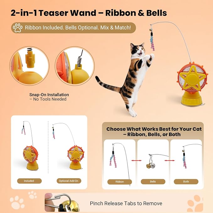 2 in 1 Ferris Wheel Interactive Cat Toy, Treat Dispenser Puzzle Feeder with Twist-Lock Suction Cup Base & Teaser Wand with Bells, Slow Feeder Enrichment Toy for Indoor Cat Boredom Relief