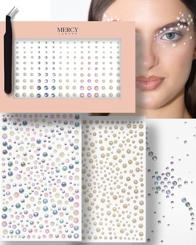 MERCY LONDON Face Gems in Pearl, 866 Self Adhesive Makeup Stickers, 4 Sheets, Reusable Eye Jewels, DIY, Mermaid, Icy, Ghost