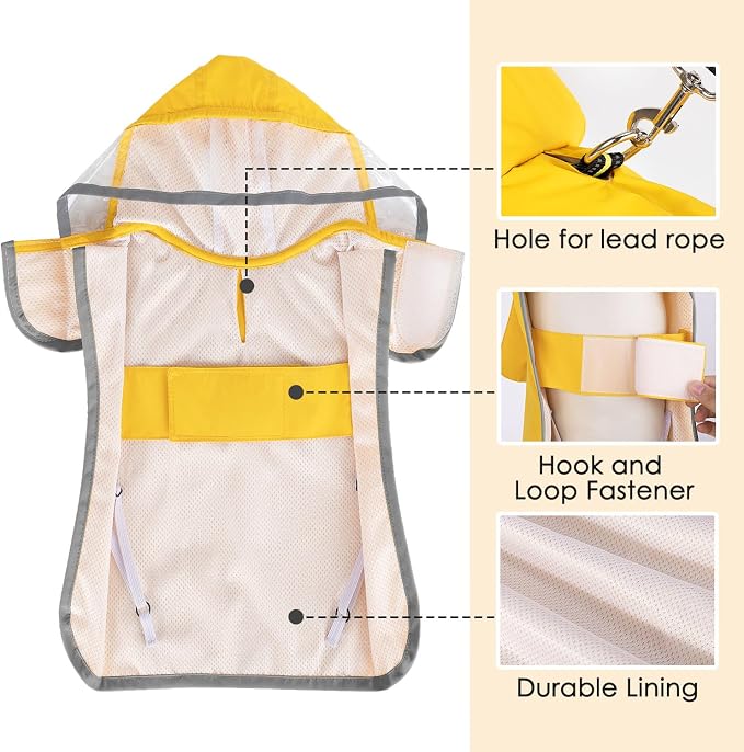 Lukovee Dog Raincoat, Waterproof Rain Jacket, Clear Hood & Reflective Rim | Easy On Off Adjustable Straps, Leash Hole, Soft Mesh Lining, Storage Pocket, Poncho for Small Medium Large Dogs (Yellow,M)