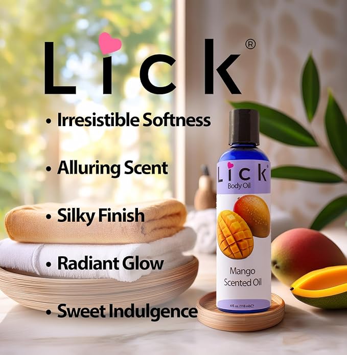 LICK Mango Tropical Scented Body Oil for Daily Hydration – Lightweight Non-Greasy Formula with Almond Oil & Vitamin E – 4 oz