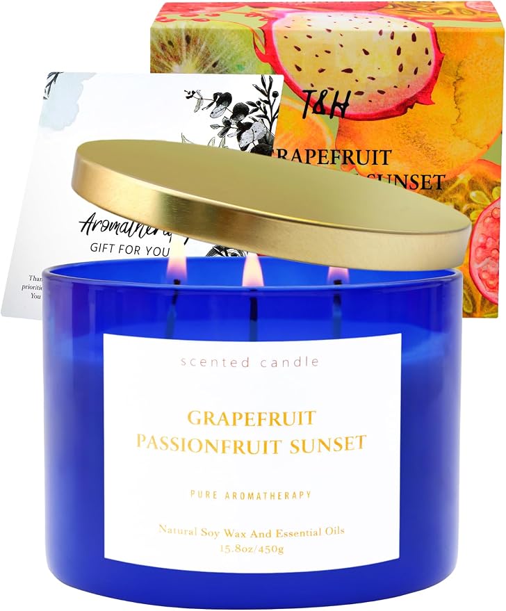 Grapefruit Passionfruit 3-Wick Summer Scented Soy Candle for Home, 15.8oz | Sweet Tropical & Fruity Scented Candles, Aromatherapy Relaxing, Strong Throw, Clean Burn, Large Candle Gift for Women & Men