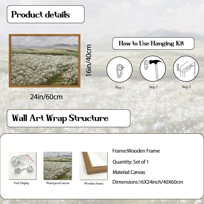 Framed Vintage Landscape Wall Art, Country Wildflower Field Pictures Wall Decor, Rustic Nature Flower Paintings Canvas Prints Farmhouse Home Decor for Living Room Bedroom Bathroom 16x24 inch