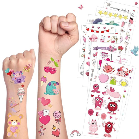 JUNEBRUSHS Holiday Temporary Tattoos, 20 Sheets Kid Stickers Water-Repellent Makeup for Exchange Gift Filler Boys Girls Party Favors Heart Love Decorations