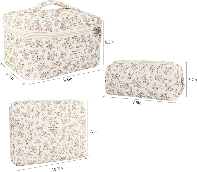 GISMTR 3Pcs Makeup Bag Cotton Quilted Travel Cosmetic Bag Cute Floral Makeup Pouch Large Toiletry Bag for Women Girls
