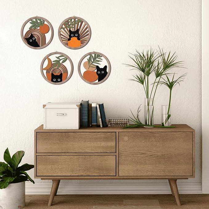 HPNIUB Abstract Mid Century Boho Black Cat Wall Decor-4 Pieces 10''x10'' | Farmhouse Geometric Hanging Wooden Wall Art,Bohemian Moon and Sun Wood Sign for Nursery Bedroom Decoration, Lovely Cat Gifts
