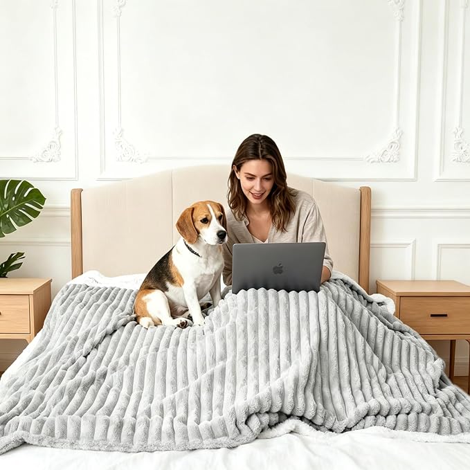 Waterproof Dog Blanket Grey 50x60 in | Soft Pet Cat Blanket Cozy Calming Sherpa Corduroy Fleece Reversible Furniture Bed Protector for Small Dogs Machine Washable
