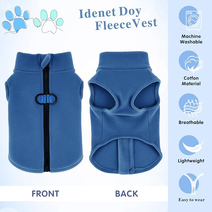 Idepet Dog Fleece Vest Sweater Zip Up Warm Pullover Dogs Jacket with D-Ring Leash Winter Cold Weater Coat Pet Sweatershirt Clothes Hoodie for Small Medium Dogs Boy Girl (Navy Blue, S)