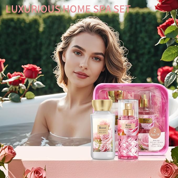 Mother's Day Rose Spa Gift Set - 2PCS Luxury Bath and Body Kit for Women with Body Lotion & Body Mist - Portable Travel Size Self Care Gift for Mom, Wife, or Her