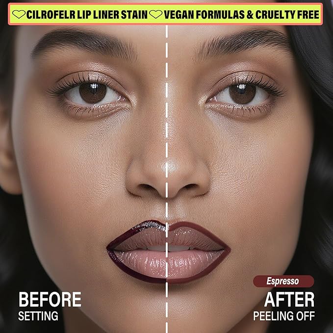 Cilrofelr 2 Colors Lip Liner Stain Peel Off Set with Tweezers - Long Wearing, Transfer Proof, Matte Finish, Quick Plump Lip Effect, Peel Off Lip Stain for All Skin Tones (Mauve + Espresso)