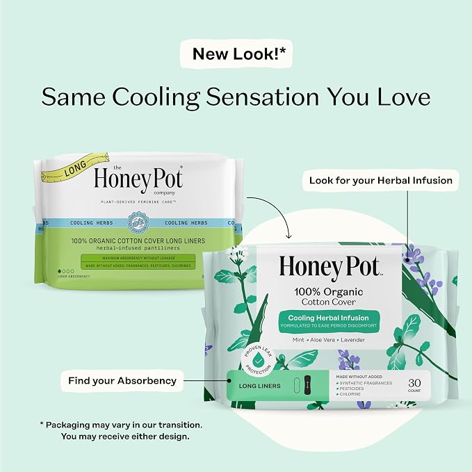 The Honey Pot Company - Herbal Long Panty Liners for Women - Infused w/Essential Oils for Cooling Effect & Organic Cotton Cover - Feminine Care - 30 ct