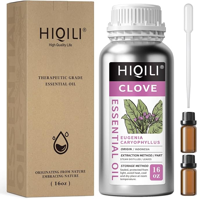 HIQILI Clove Essential Oil Large Capacity for Skin Care and Aromatherapy | Suitable for Home Use, Hotel, Beauty Salon, SPA, Oral Care, DIY Studio – 500ml / 16 fl oz