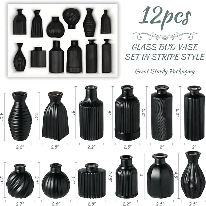 Black Vase, Bud Vases Set of 12 Small Glass Vase for Decor Centerpieces | Matte Ribbed Modern Vintage Flower Vases for Wedding Party Table Decoration Home Decor in Bulk