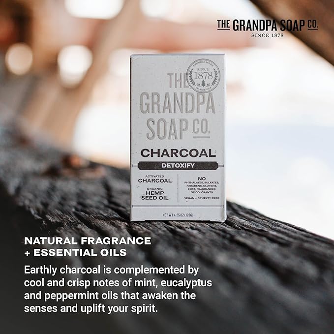 The Grandpa Soap Company Charcoal Bar Soap - With Activated Charcoal Hemp Seed and Mint Oil, Detoxifies, Draws Out Dirt and Toxins, Clear Congested Pores, Vegan, 4.25 Oz, 3 Pack