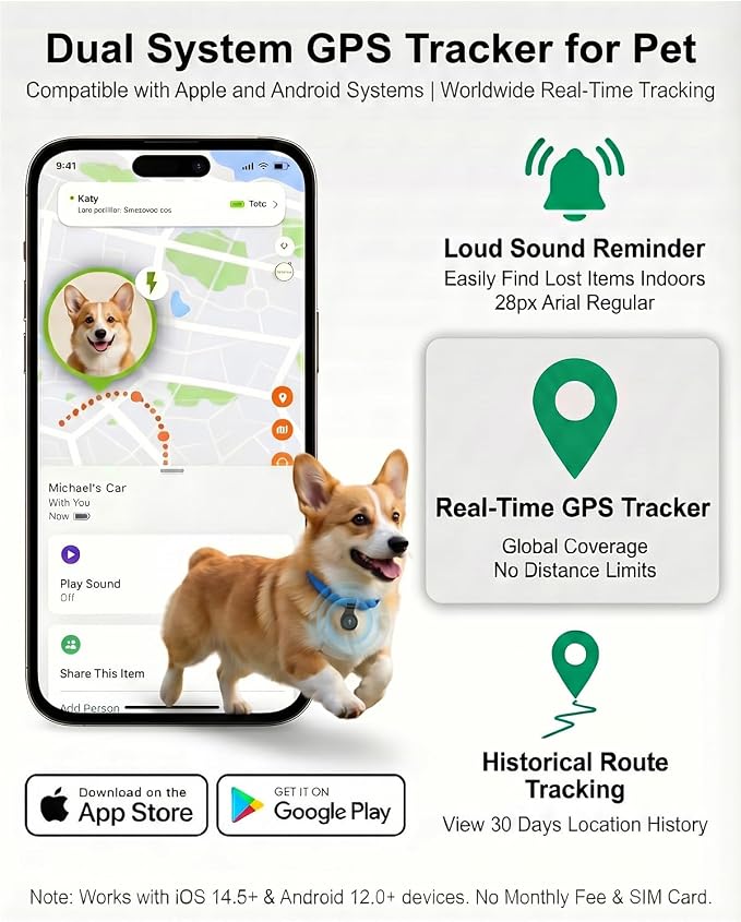 GPS Tracker for Dogs, Smart Dog Tracker with Real-Time Location, for Android and iPhone No Monthly Fee & No SIM Card- Pet Location Tracker with Holder, IP68 Waterproof, Indoor & Outdoor Pet Safety Use