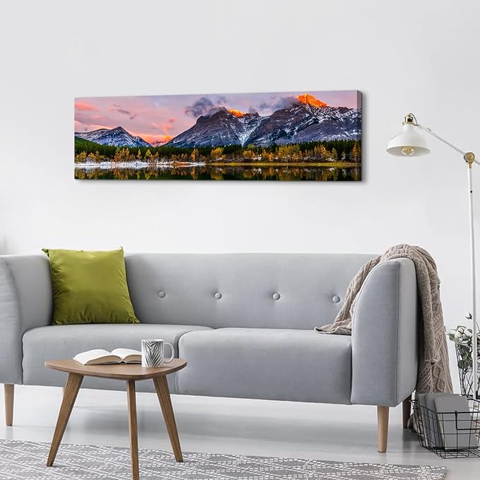 Sunset Landscape Canvas Wall Art for Living Room Wall Decor Snow Mountain Forest River Nature National Park Scenery Picture Prints Framed Artwork for Bedroom Bathroom Office Home Decoration 14x48"