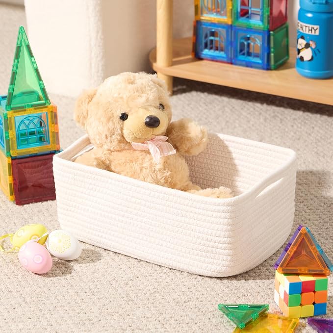 MiniArk Small Storage Baskets for Organizing | Closet Organizer Bins | Shelf Toy Basket | Woven Rope Baskets | Cube Decorative Box | Shallow Basket | 13x8.5x5.1” | 3 Packs Off White