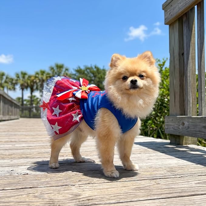 4th of July Pet Clothes for Small Dogs, 250th Independence Day Dog Dresses Stars and Stripes Patriotic Pet Doggie Apparel Stretchable Outfit, M Size
