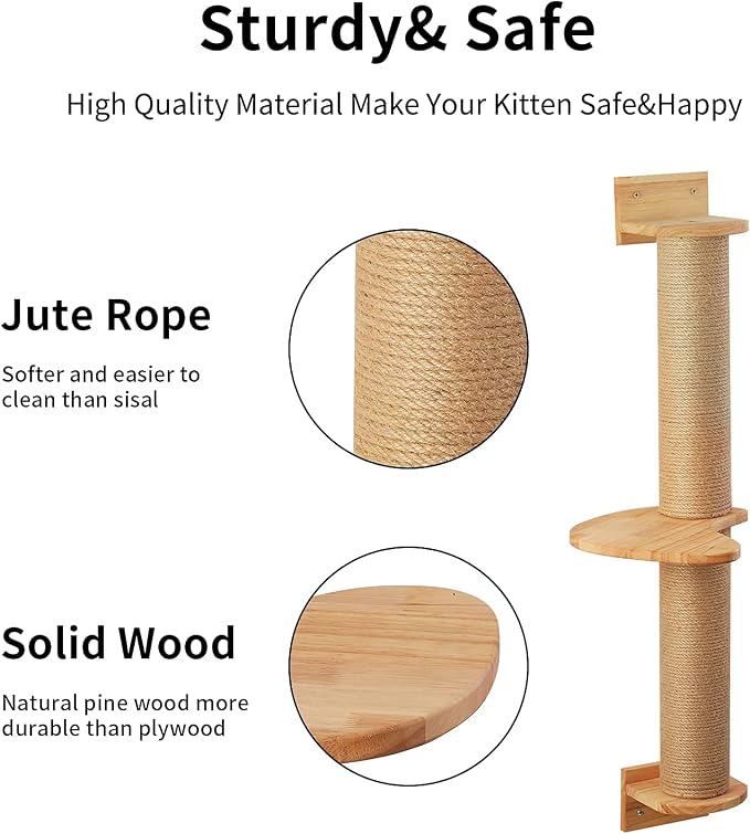FUKUMARU Cat Activity Tree with Scratching Posts, Wall Mounted Jute Scratcher Pine Hammock | Solid Rubber Wood, Natural Jute Scratcher, Kitten Wall Furniture